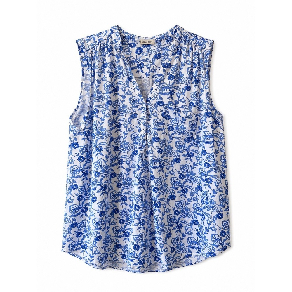 Blue Mood Womens Plus 3X Blouse Top Blue White Floral Sleeveless V Neck